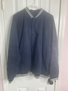 Basic Editions Navy Bomber Jacket with White Striped Trim. Slightly faded
